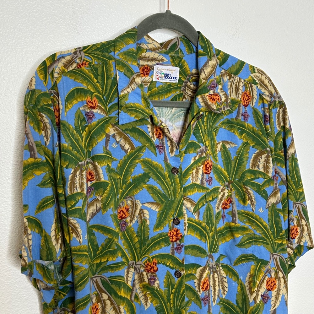 Vintage Reyn Spooner Rayon Hawaiian Shirt Size XL Blue‎ Palm Trees Beach Travel - Picture 4 of 7